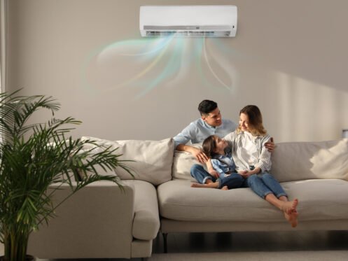A Downer's Grove family relaxing in their home cooled by a mini-split.
